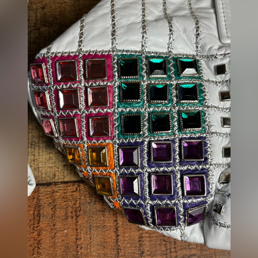 VTG Jeweled White Leather USA Purse 80s 90s Retro Colorful Bling Shoulder Bag - Picture 2 of 12